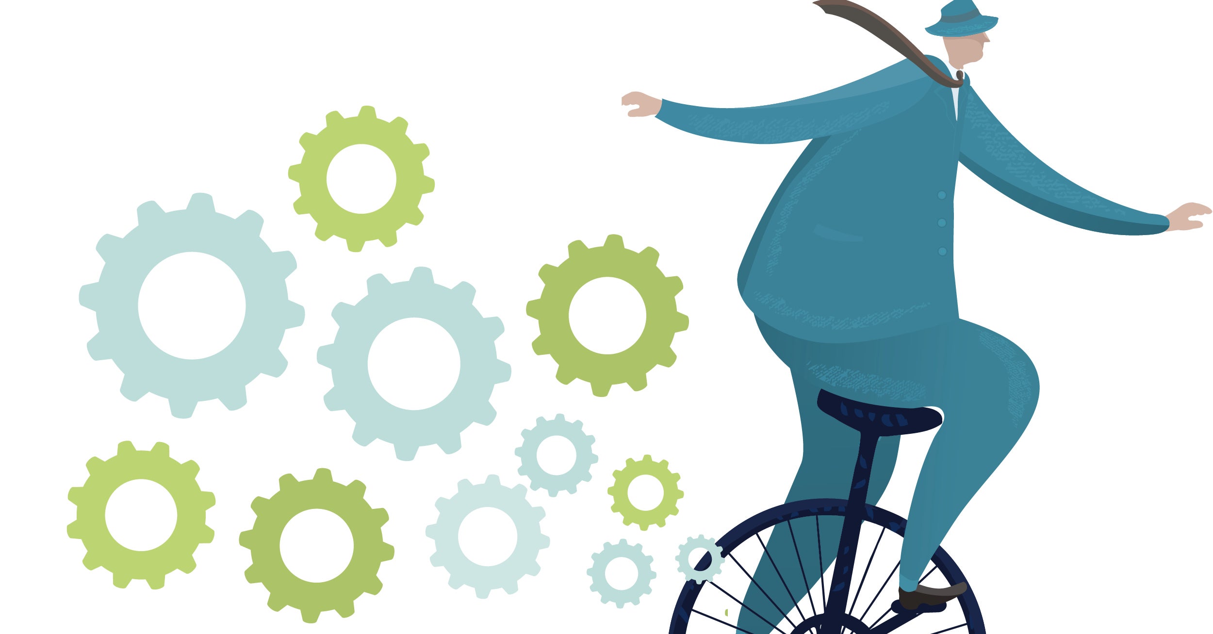 Illustration av man på enhjuling med kugghjul bakom sig.
