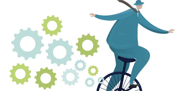 Illustration av man på enhjuling med kugghjul bakom sig.